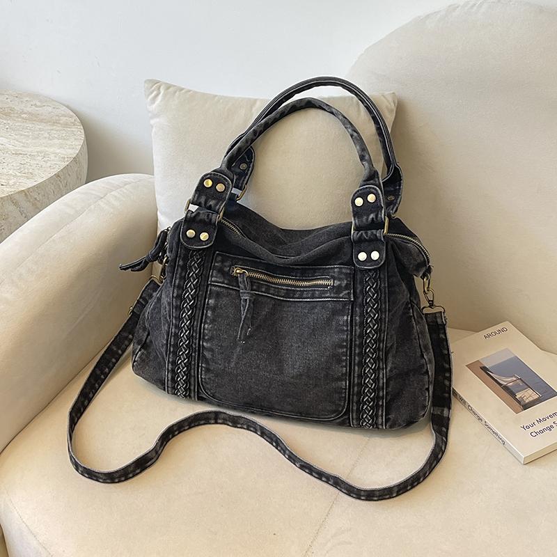 Vintage Denim Handbag with Braided Details Large Capacity Shoulder Crossbody Bag for Women