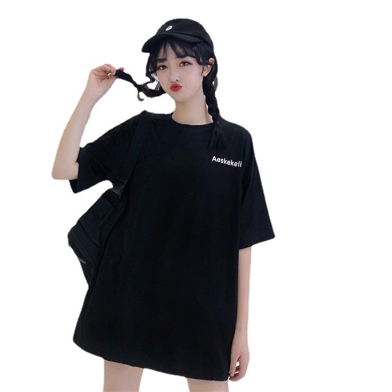 Spring and Summer Korean Version of the New Harajuku Loose Medium and Long Letter Printing Black Large Version Short-sleeved T-shirt Women Ins