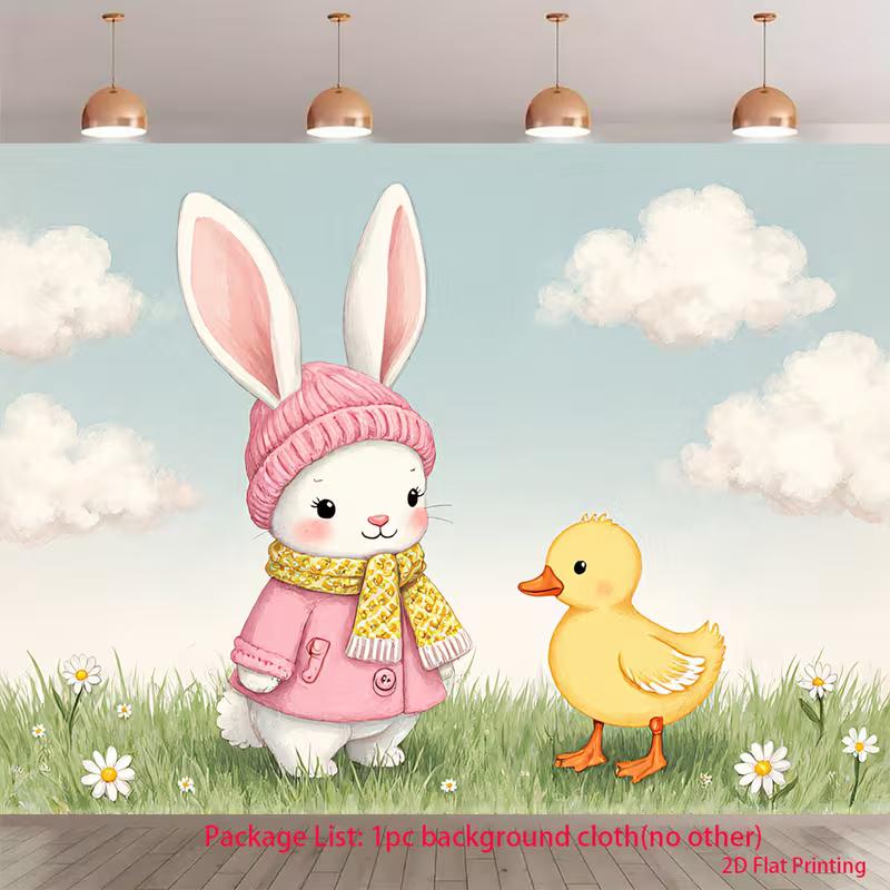 

2D Cartoon Rabbit Duckling Backdrop Photography Background for Baby Shower 47.2x31.5inch/120*80cm