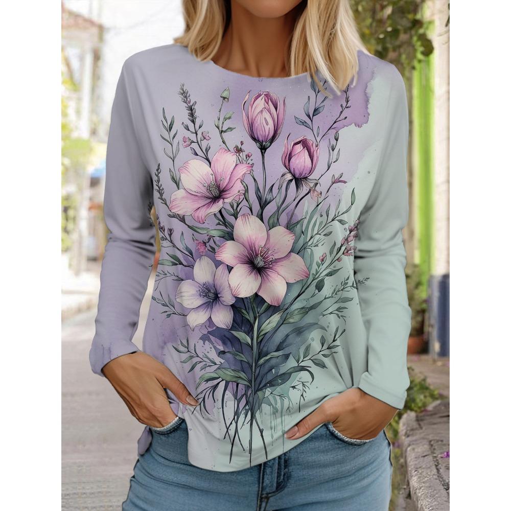 Women's Printed Flower T-shirt Fashion Long Sleeved Round Neck Regular Tops Spring and Autumn Wear
