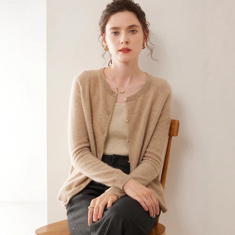 Damen Kaschmir Raglanärmel Cardigan - Dünn, Rundhalsausschnitt, Einfarbig, Lockere Passform für Herbst und Winter