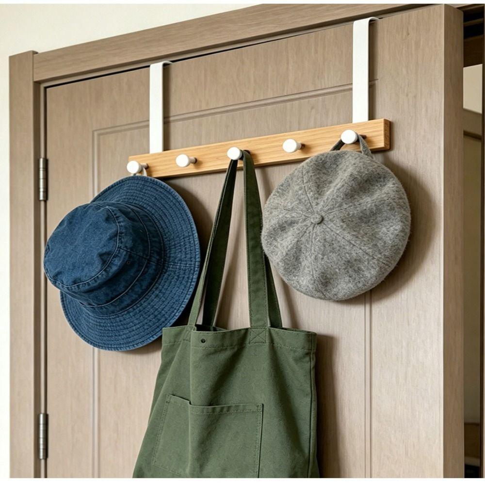 Natural Bamboo Over The Door Hooks Matte Metal Brackets Hat Hanger Clothes Rack Kitchen Storage