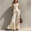 Women V Neck Sleeveless Top with Wide Leg Pants Ruffle Hem Tie Waist