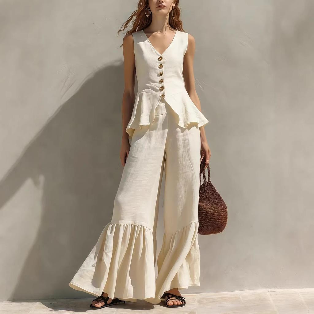 Women V Neck Sleeveless Top with Wide Leg Pants Ruffle Hem Tie Waist