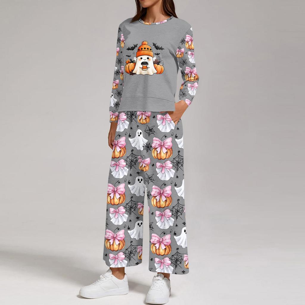 Women's Casual Round Neck Loose Fit Sweatshirt and Pants Set with Halloween Print Hem Slit for Halloween
