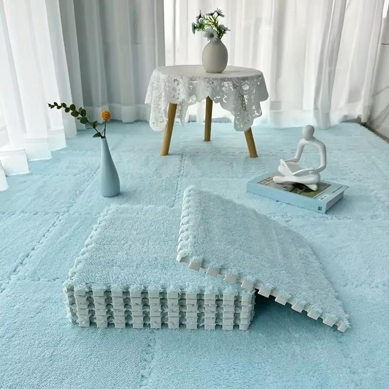 15Pcs Interlocking Fluffy Tiles with Border Square Rug Plush Puzzle Foam Floor Mat for Kids Thick Bedroom Floor Decoration