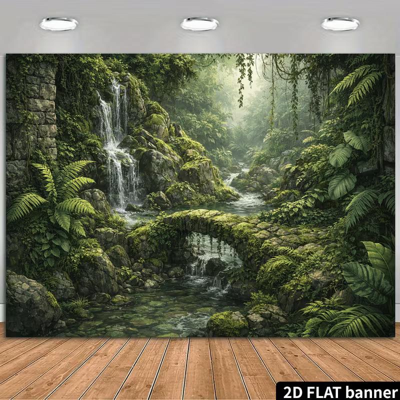Enchanted Rainforest Mural with Waterfall and Ancient Stone Archway 47.2x31.5inch/120*80cm