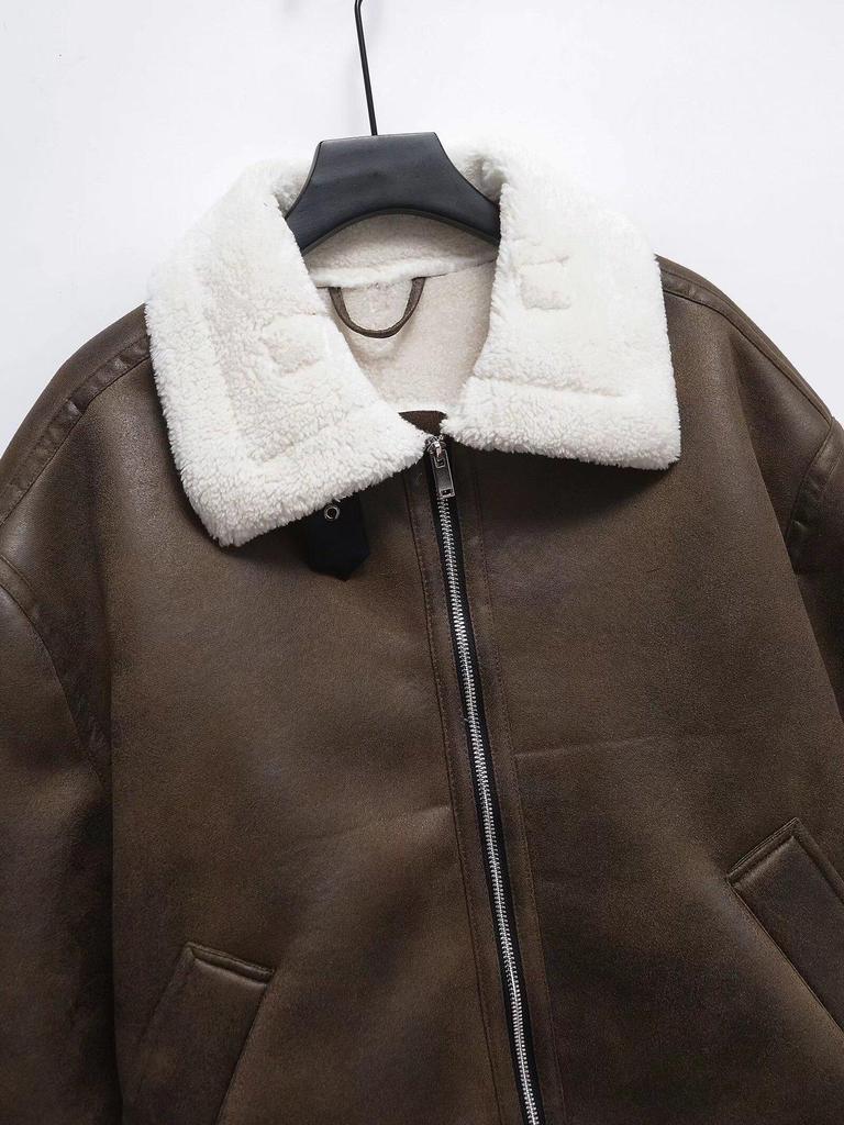 Women's Winter Shearling Suede Double-Sided Jacket with Turn-Down Collar