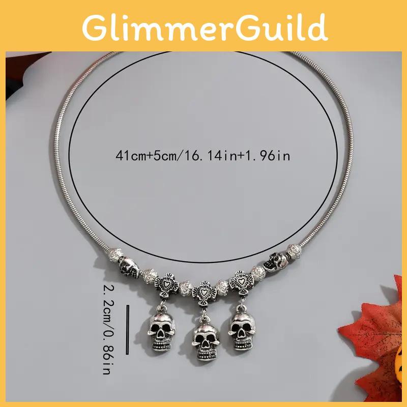 Dark Halloween Style Chain Necklace With Skeleton Head And Bat For Party Decor