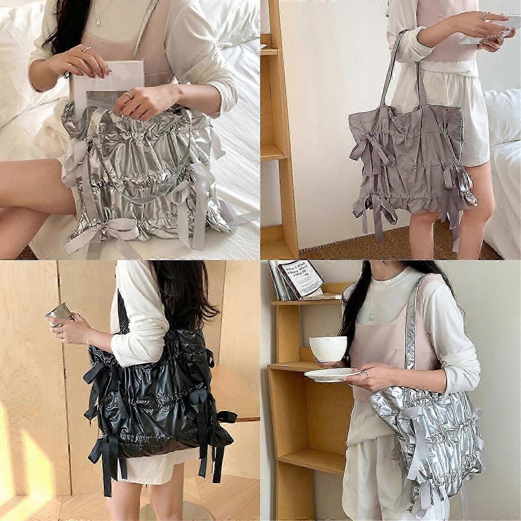Korean Style Unique Pleated Shoulder Bag with Elegant Bows Nylon Handbag for Fashionable Women and Office Ladies  Silver