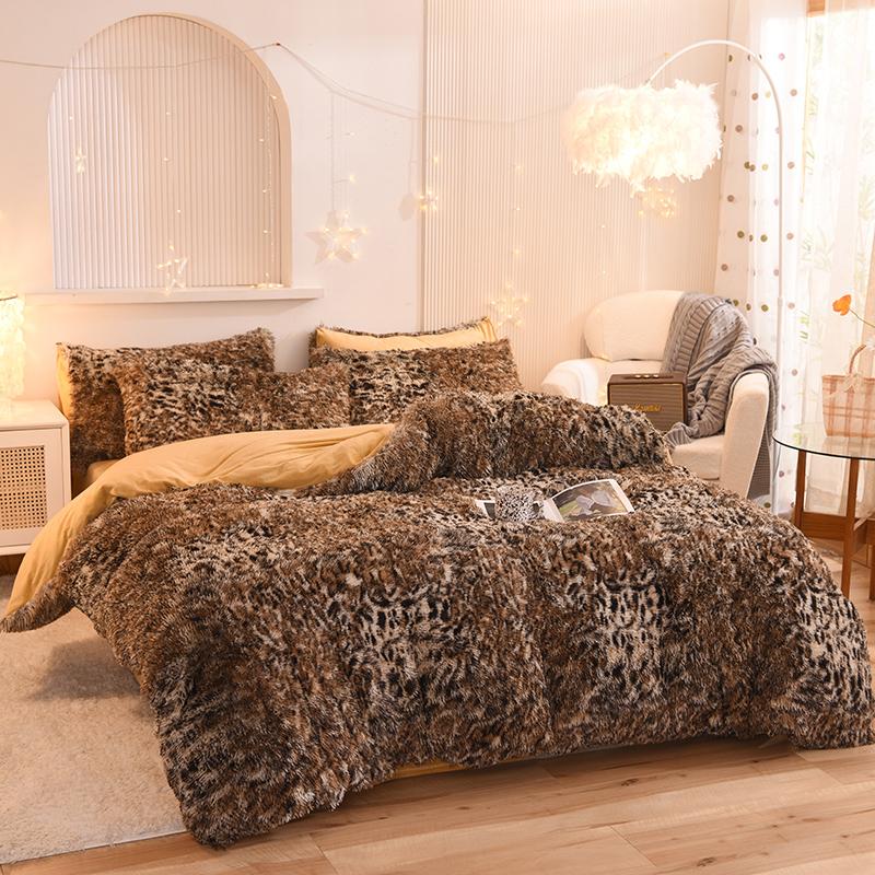 3pcs Luxurious Leopard Print Faux Fur Plush Duvet Cover Set - Ultra-Soft, Warm, and Fluffy Shaggy Design with Zipper Closure - I