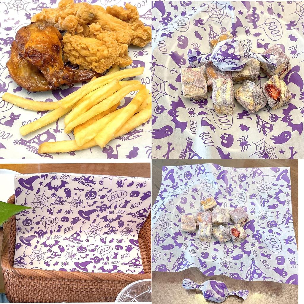 100pcs Halloween Wax Paper Sheet, Food Picnic Printed with Ghost, Spider, Pumpkin and Spiderweb, Greaseproof, Waterproof Dry Hamburger Liners