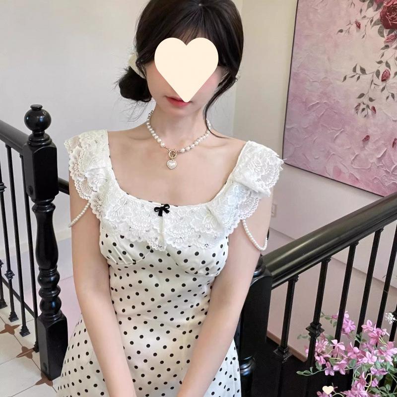 Polka dot suspender dress summer skirt new small lace sweet waist skirt