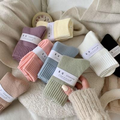 Gebürstete Wintersocken für Damen, mittellange Schlauchsocken, dicke, warme Frotteesocken mit Handtuchunterseite, einfarbig, dicke und vielseitige Frotteesocken