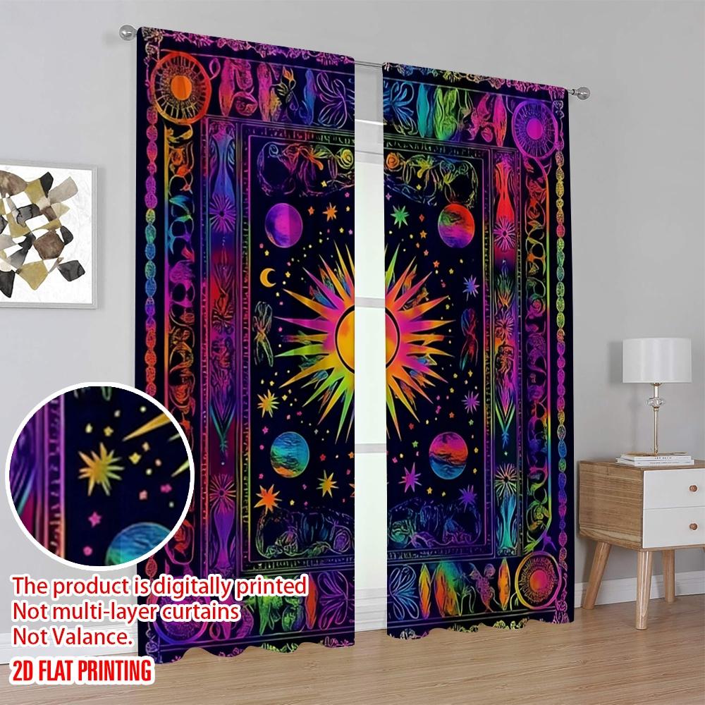 2Pcs 2D Flat printingBoho Door Curtains Sun Moon For French Door Hippie Bohemian Suitable For Bedroom Bathroom Living Room