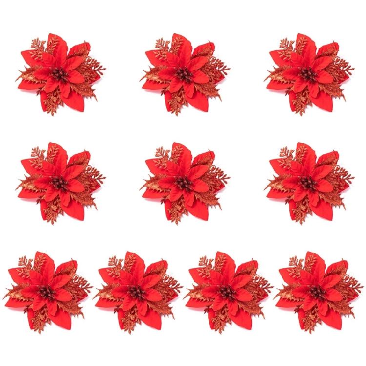 10pcs Christmas Glitter Poinsettia Flower Decoration Artificial Flower Ornament
