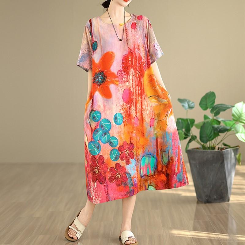 Kurzarm-Übergröße, Vintage-Kleid mit Blumenmuster, neu in Kleidern für Damen, lässig, locker, langes Sommerkleid