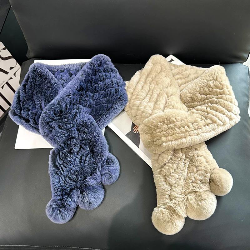 Korean Real Rex Rabbit Fur Whole Leather Woven Scarf Double-sided Thickened Warm Scarf Cute Ball Fur Collar Children