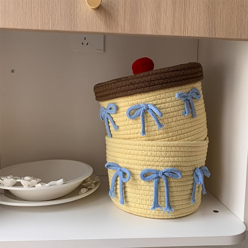 Handmade Woven Round Yellow Cute Yarn Storage Basket with Lid, Dustproof Desktop Organizer, Decorative Storage Box.