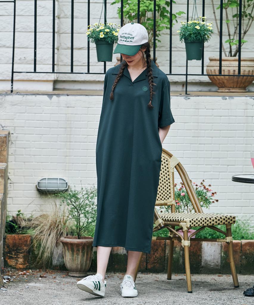 Metapeo Met Natural Collar Short Sleeve Long Dress Green