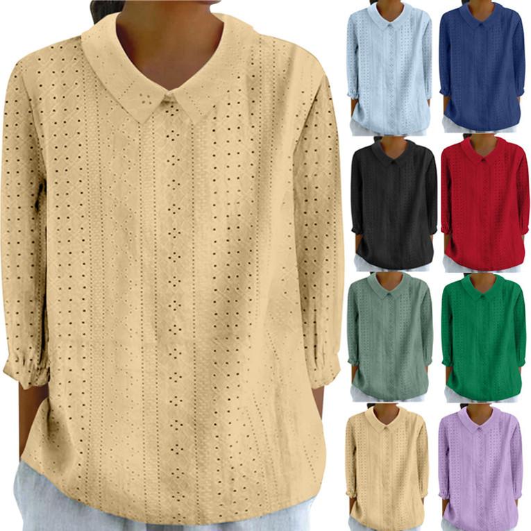 

Women s V-Neck 3/4 Sleeve Lace Knit Top with Breathable Eyelet Design in 8 Colors S чорний