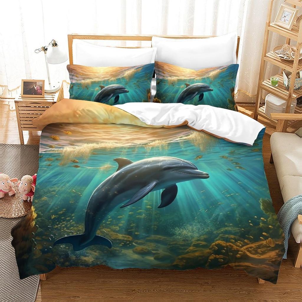 Comforter Dolphin Cute Jumping Dolphins Bedding Set Microfiber Marine Animals Comforter With 2 Pillow Sham Twin King