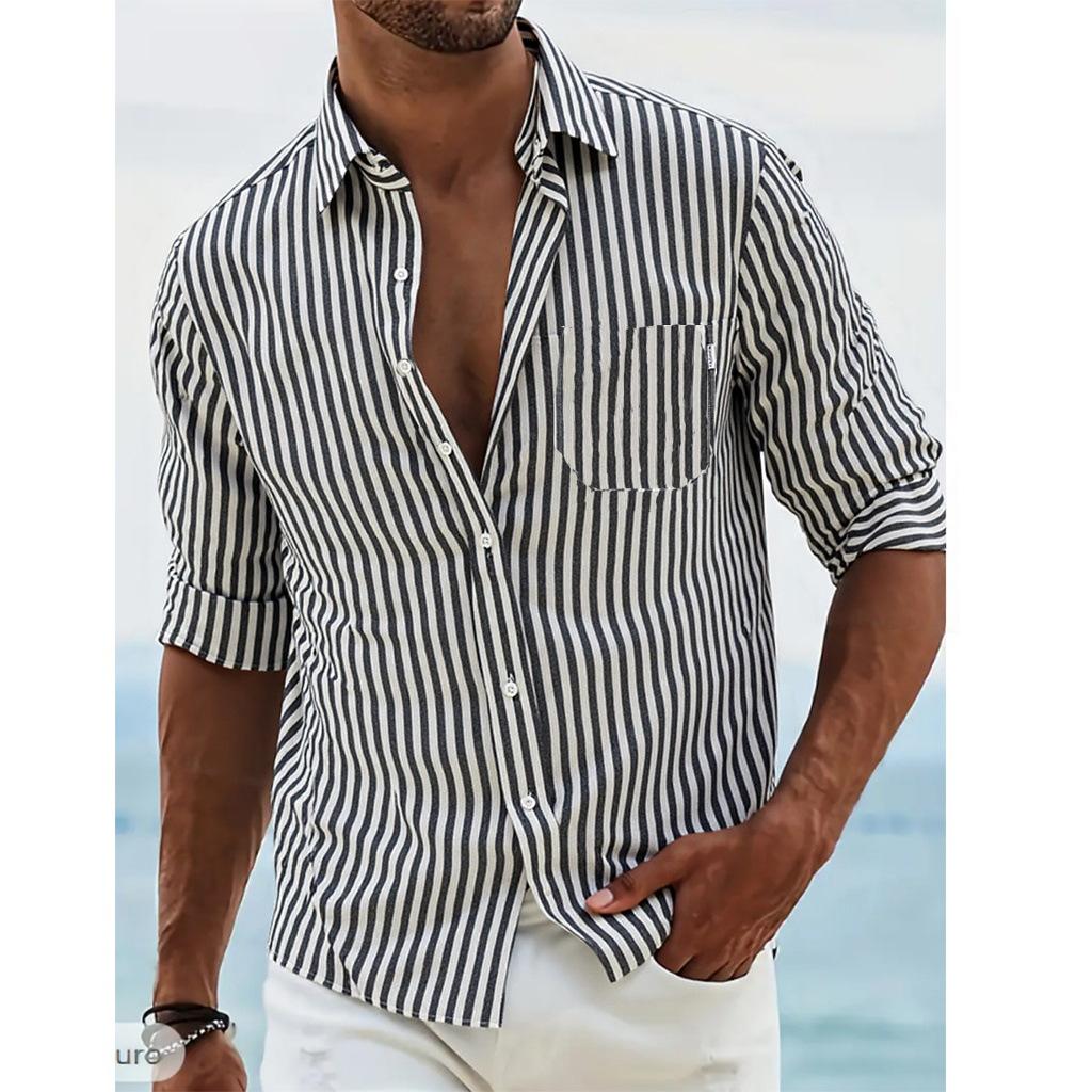 Striped Shirt Men's Long Sleeve Spring and Autumn Button Cardigan Pocket Loose Casual Shirt