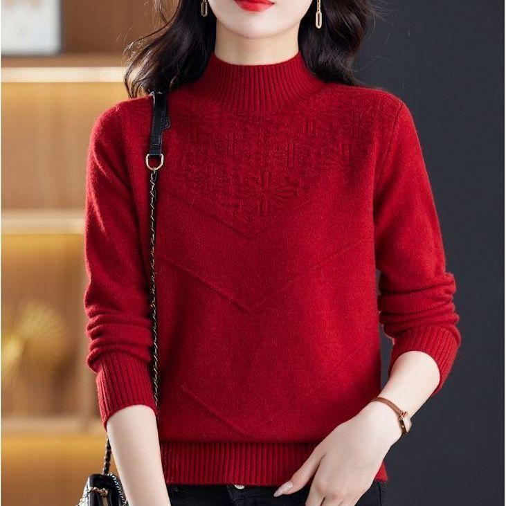 

Женский вязаный свитер с высоким воротом, однотонный, элегантный стиль, длинный рукав, стандартная длина, мода осень/зима, кардиган-пуловер 3XL красный