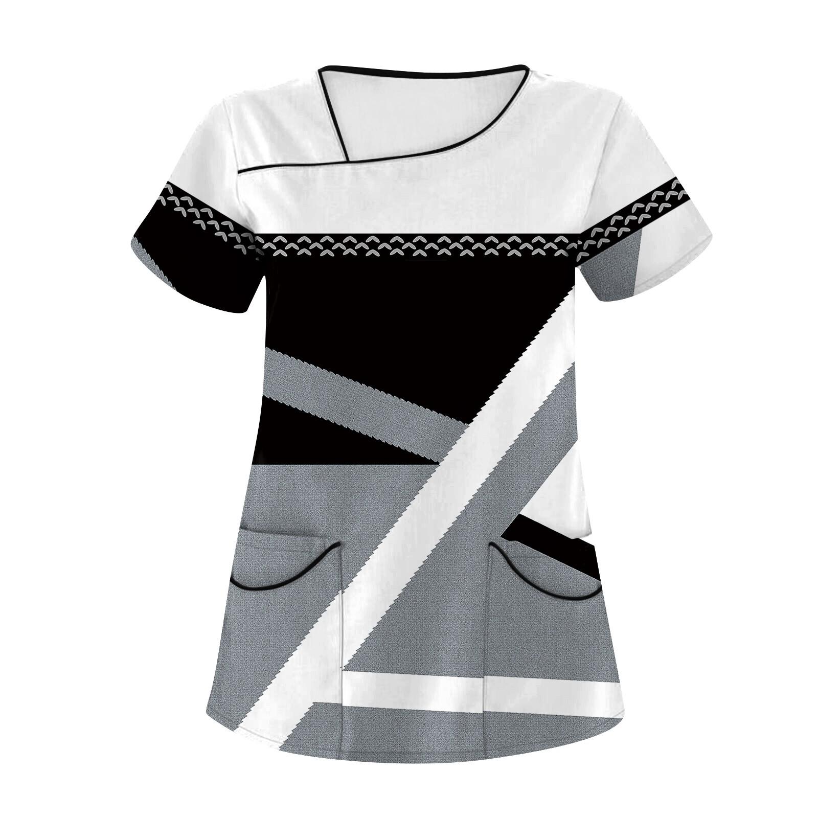 

Women s Casual Geometry Print Short Sleeve Sloping Collar Workwear Top With Double Pockets XL