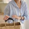Summer Loose Single Breasted Striped Short Sleeved Sunscreen Hooded Light Blue Shirt Jacket for Women