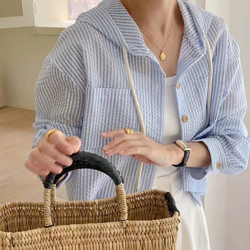 Summer Loose Single Breasted Striped Short Sleeved Sunscreen Hooded Light Blue Shirt Jacket for Women