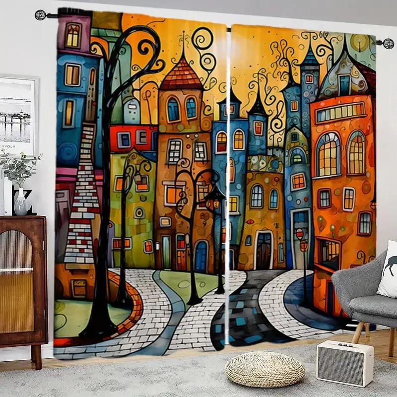 2 Pcs Cartoon Comic City Print Curtains,Suitable For Bedroom,Living Room Kitchen Decoration,Home Decoration,Window Decoration