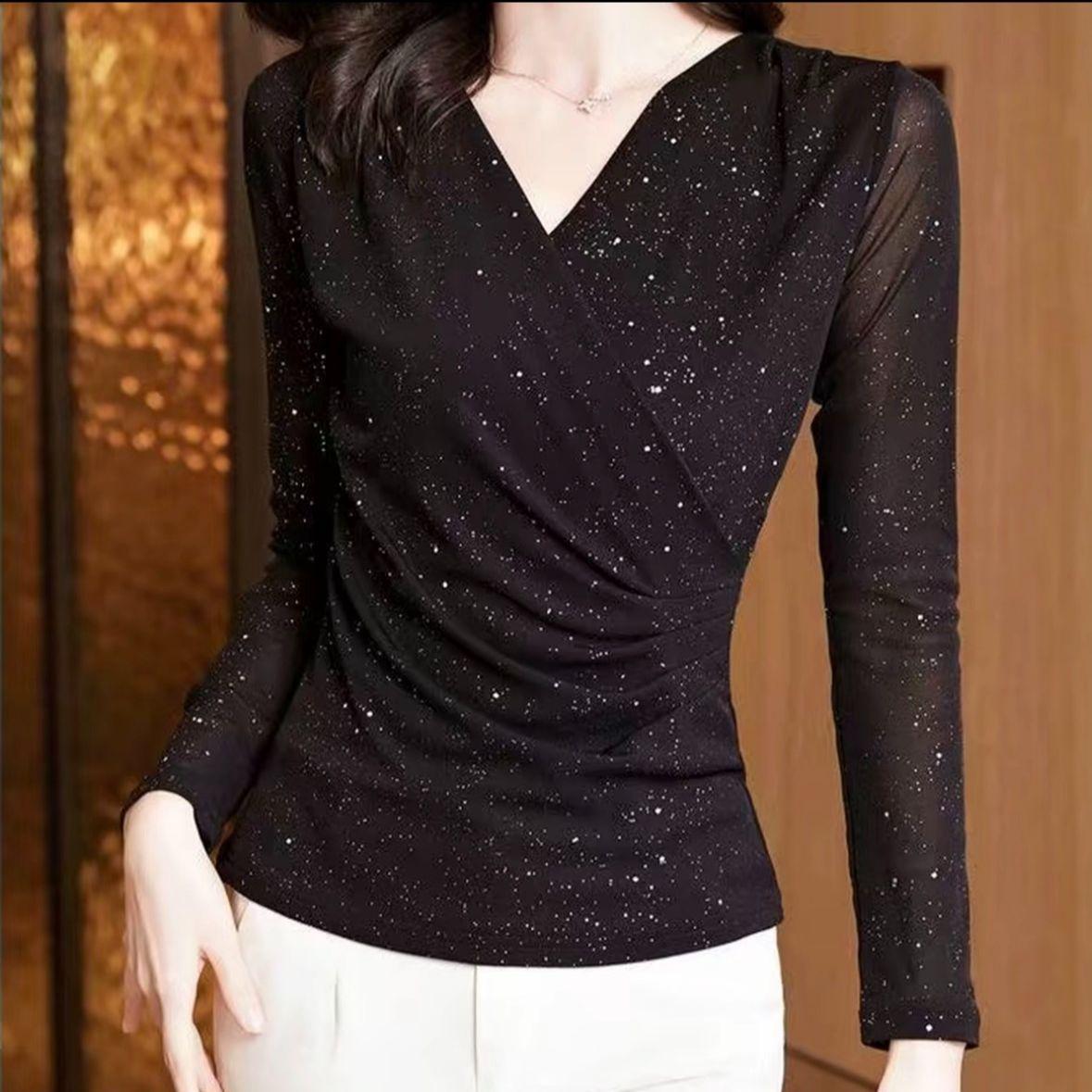 

2025 Bestseller Women s Age-Defying Slimming Black V-Neck Long Sleeve Mesh Top for Early Autumn 5XL (for 140-160 jin)