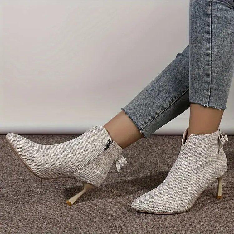 Fashion Plus Size Women's Short Boots 2025 Autumn and Winter Bow Sequined High-heeled Cotton Booties Pointed Stiletto Fashion Boots.