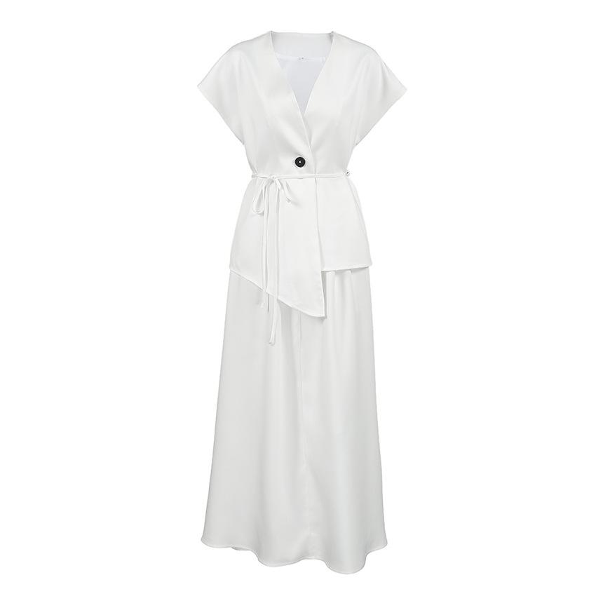 White short-sleeved lace-up set Women's design vest Medium and long top White A-shaped skirt Casual two-piece set