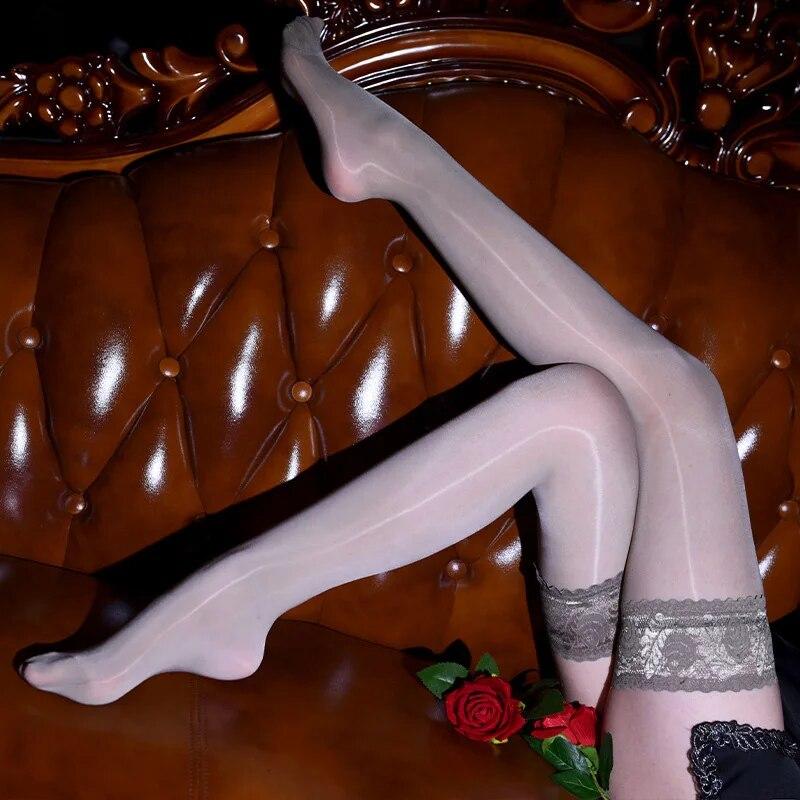 New Sexy Oil Glossy Shiny Thigh High Stockings Lace Transparent Over Knee Silk Stockings Night Club Women Ultra Thin Hosiery