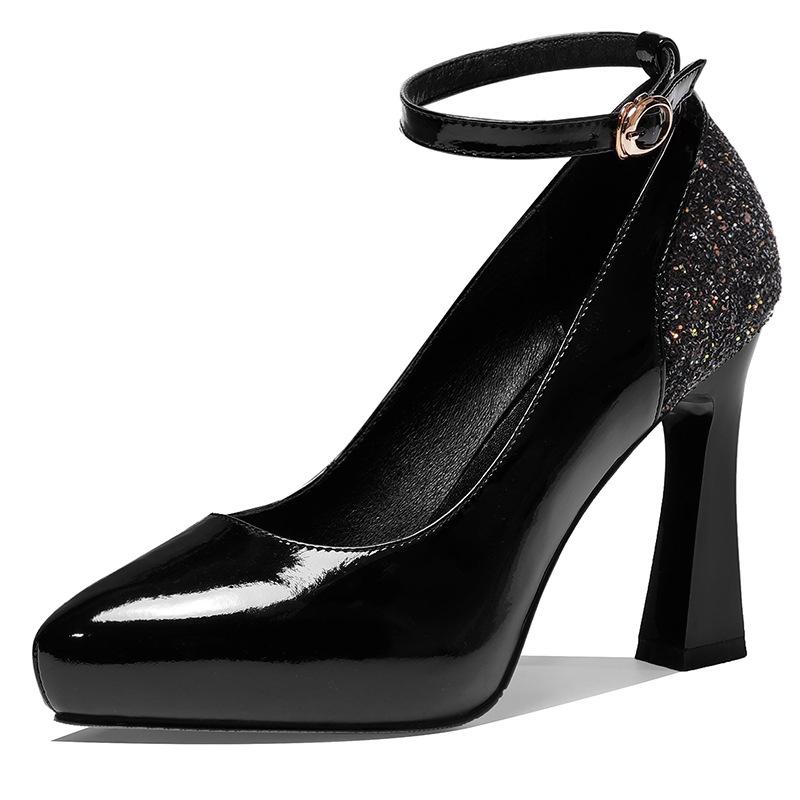

Большие размеры остроконечные туфли на толстой платформе с высоким каблуком, весенние новые туфли с неглубоким носком, однотонные туфли с пряжкой из одного слова, лакированная кожа, модные женские туфли 34 чёрный