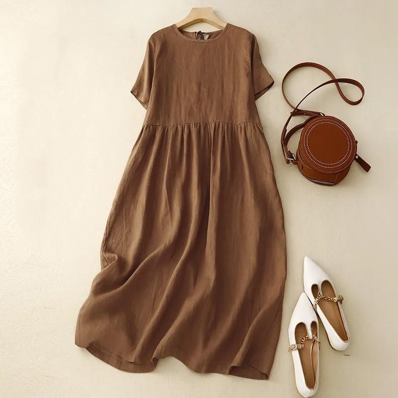 Abito Estivo Minimalista da Donna con Tasche: Abito corto in cotone e lino stile boho-chic retrò a maniche corte