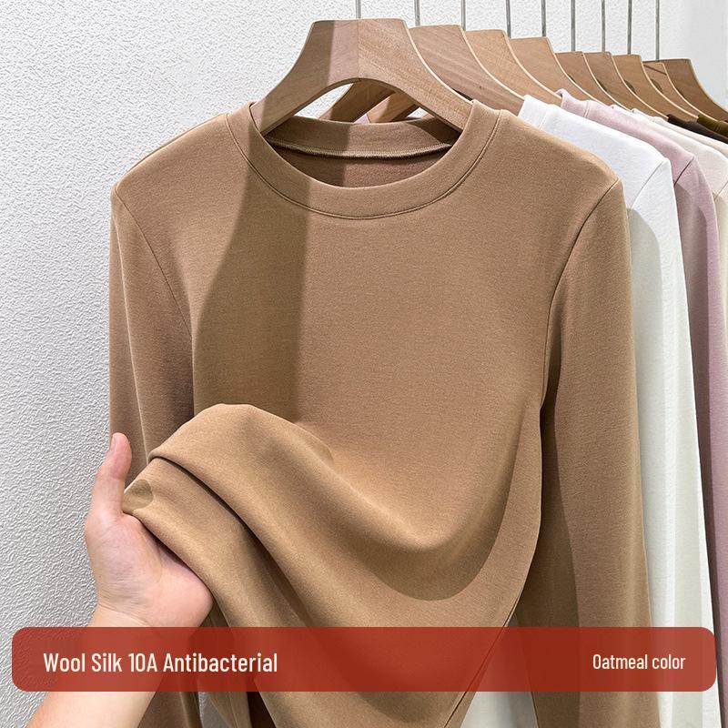 Women's Wool Silk Round Neck Base Layer Shirt - Autumn/Winter 2025 Collection, Velvet-Thickened for Warmth