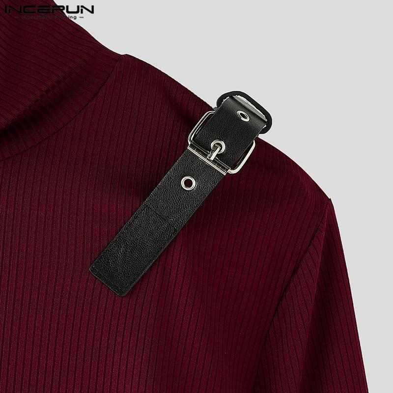 INCERUN Men Turtleneck Long Sleeve Patchwork Irregular Thin Rib Tops Undershirts