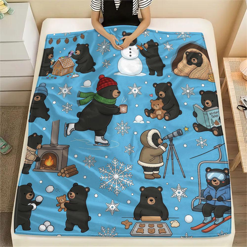 1PC Winter Raccoon Adventures Patterned Flannel Blanket Suitable For All Seasons for Home Decor Warmth and Comfort Gifts Holiday Present