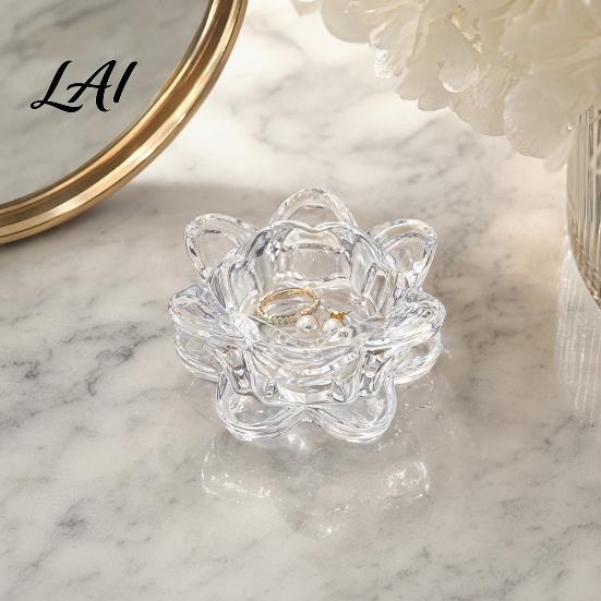 Grooved Candle Holder Crystal Lotus Flower Tealight Holders Glass Tea Light Candlestick Decor Wax Catching with Deep Plate Multifunctional
