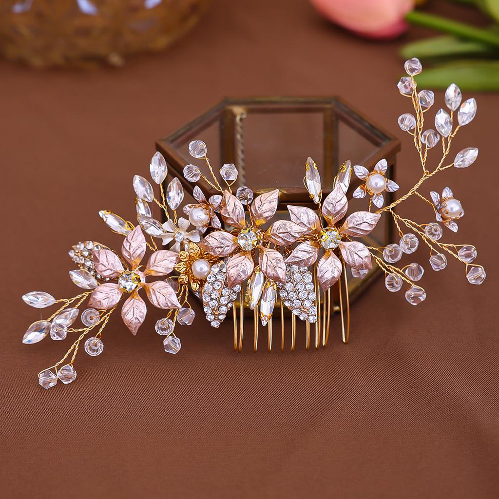 Gold Color Crystal Pearl Flower Hair Comb Bride Guest Headdresses Headpiece Tiaras Wedding Accessories Luxury Hair Jewelry