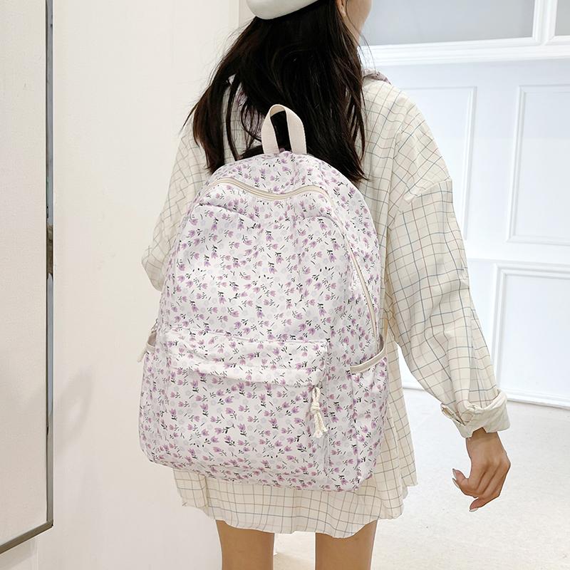 Flower Print Backpack Women's School Bag Campus Girls Nylon Backpack