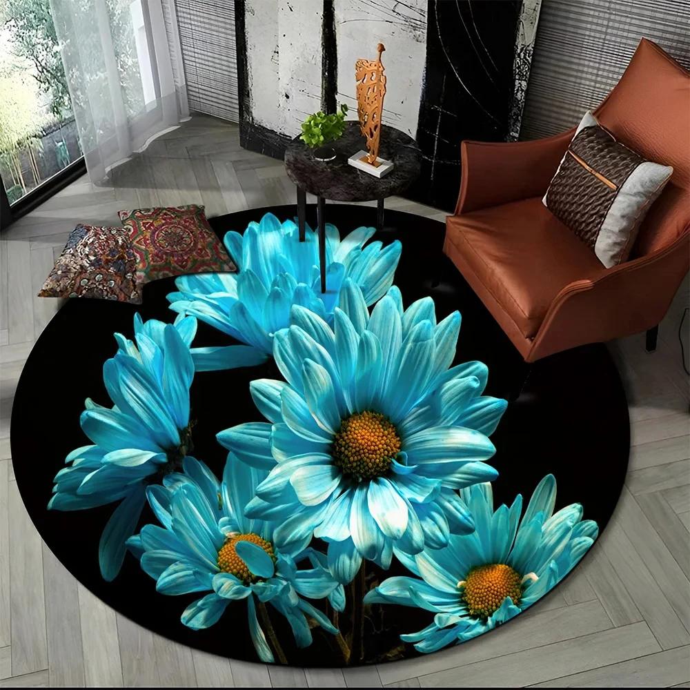 3D Luxusný koberec Flower Rose Daisy Nordic Okrúhly koberec do obývačky Spálňa Dekor stoličky do detskej herne, Protišmyková podložka pre domáce zvieratá