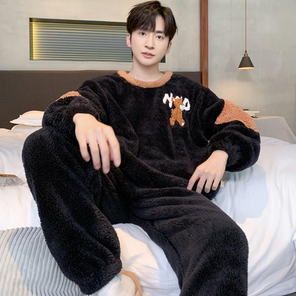 Winter, Coral Fleece, Pajamas, Men's Clothing, Thickened Fleece, Round Neck, Long Sleeved Pants, Suits, Home Clothes