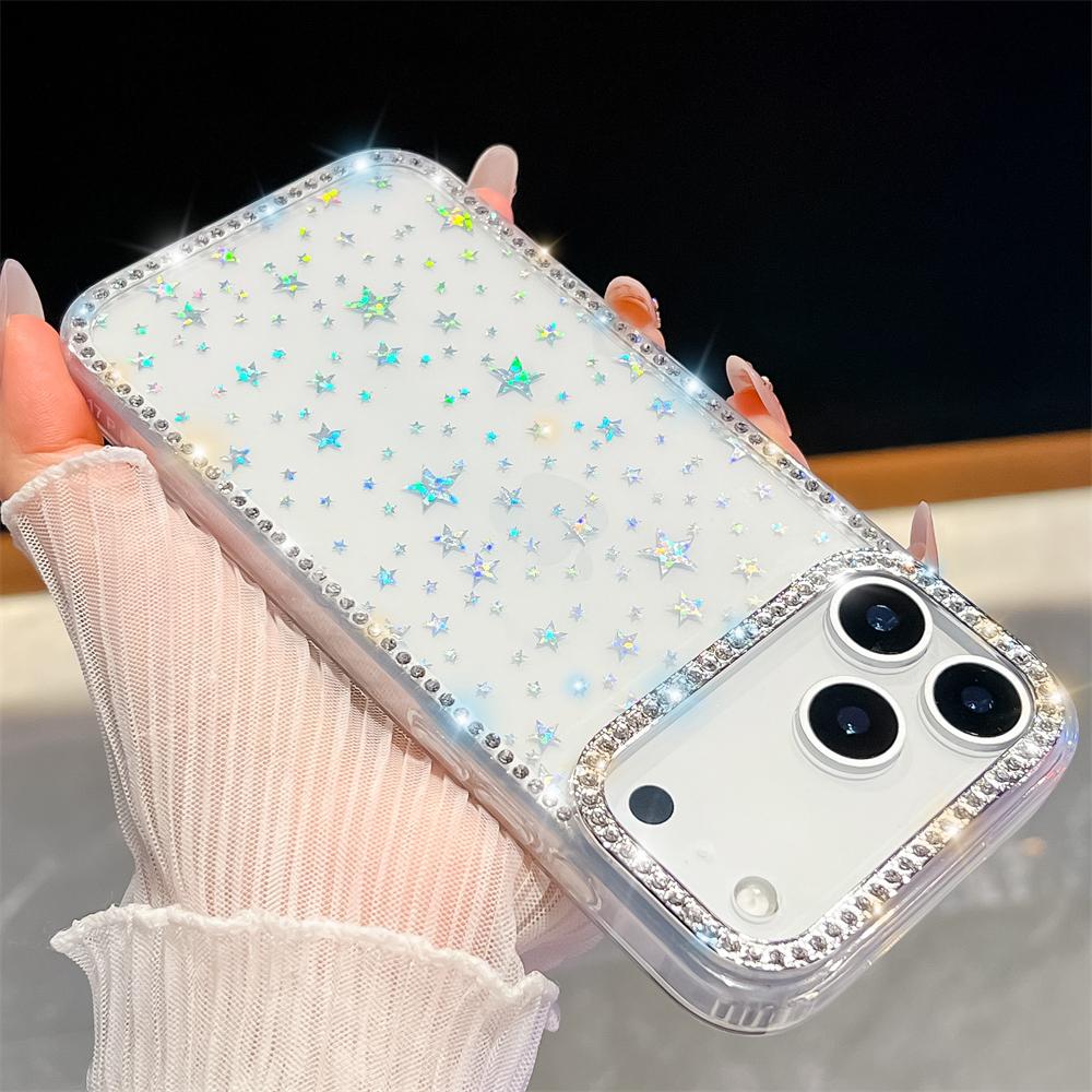 Glitter Shining Diamonds Stars Case For iPhone 17 Air 16 15 14 13 Plus Full Rhinestones Candy Jelly Hard Acrylic Cover