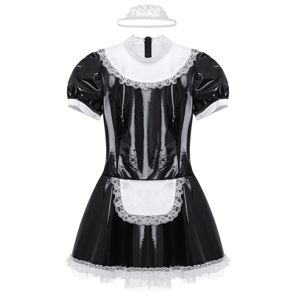 Womens Patent Leather Maid Cosplay Costume Short Sleeve Lace Trimming Maid Role Play Outfit