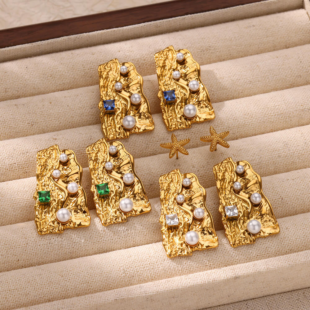 Vintage Blue Zircon Textured Stainless Steel Earrings Women 18K Gold-plated Artificial Pearl Earring Chunky Jewelry Accessories