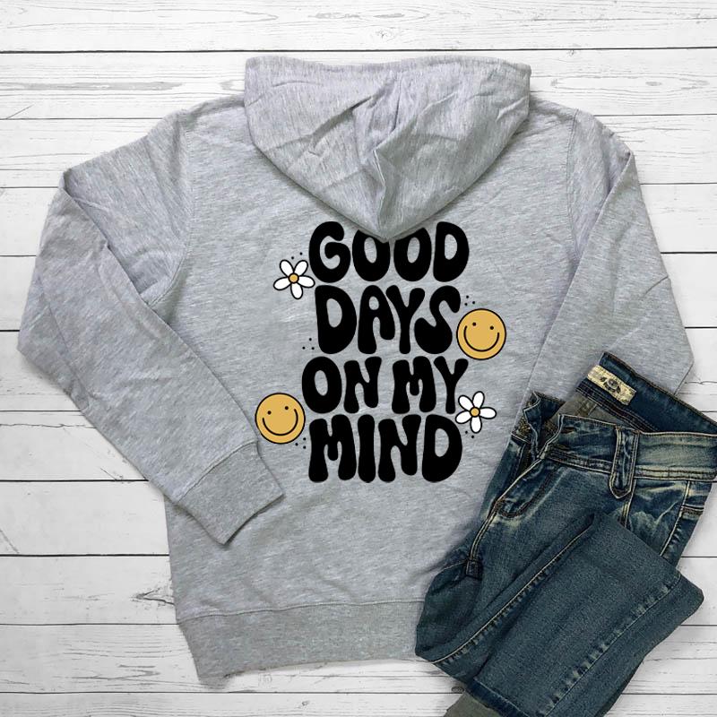 Good Days On My Mind Barevné ženy Mikina s kapucí Positive Saying Estetické Tumblr Kapesní Mikina Trendy Ležérní svetr